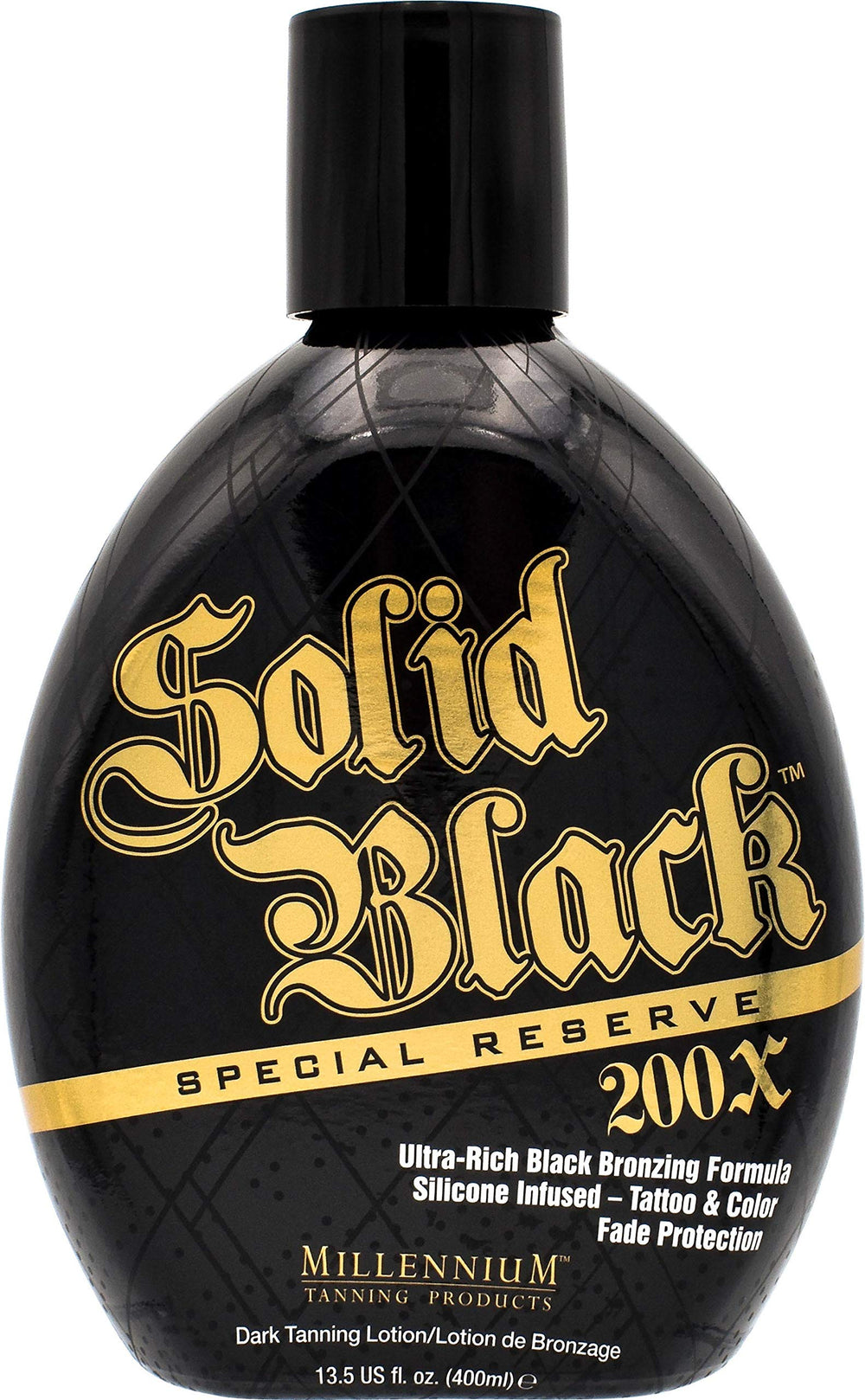 Millennium Tanning Solid Black Special Reserve 200X bottle closeup for deep bronze color potential