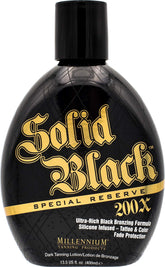 Millennium Tanning Solid Black Special Reserve 200X bottle closeup for deep bronze color potential