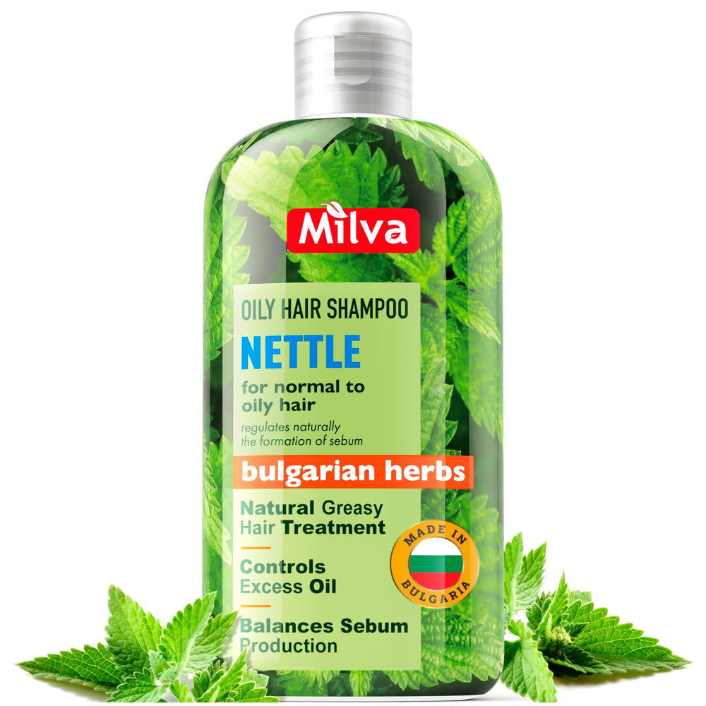 Milva nettle shampoo bottle label promoting oil control for greasy roots