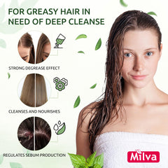 Milva nettle shampoo being applied to oily roots for cleansing and oil control