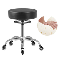 Mineloff rolling stool front view with leather seat offers versatile seating for professionals.
