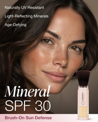 Mineral Fusion brush-on sunscreen bristles close-up highlight quick, mess-free application.