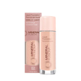 Mineral Fusion Full Coverage Foundation pump bottle shows all-day hydration and a matte finish.