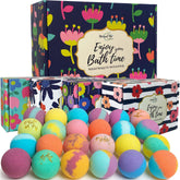 Mineral Me California bath bombs gift set 24-pack in a decorative box for relaxing baths.
