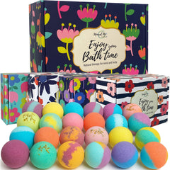 Mineral Me California bath bombs gift set 24-pack in a decorative box for relaxing baths.