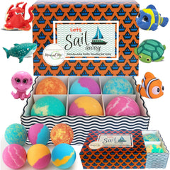 Mineral Me California bath bombs with toy inside create colorful fizz for kid-friendly bath time.