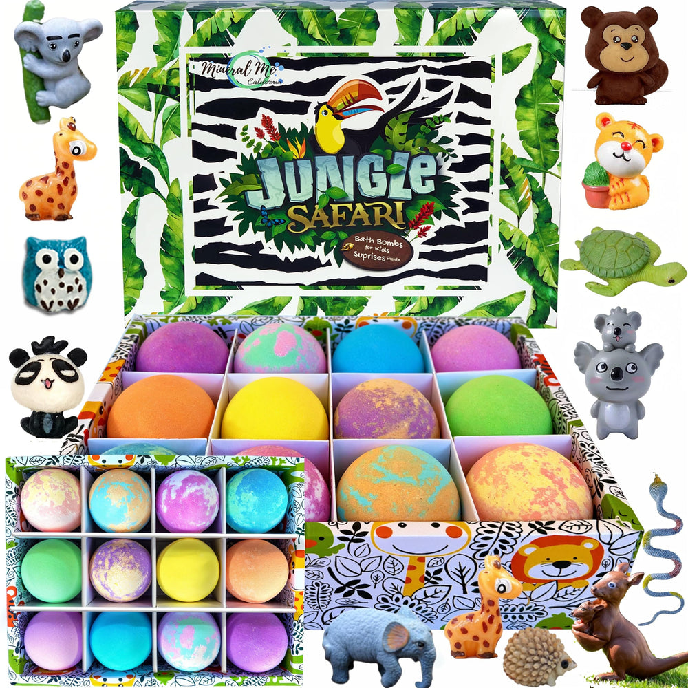 Mineral Me California bath bombs reveal jungle animal toys inside as they fizz.