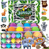 Mineral Me California bath bombs reveal jungle animal toys inside as they fizz.