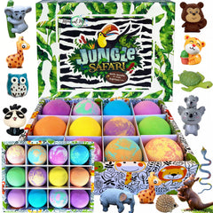 Mineral Me California bath bombs reveal jungle animal toys inside as they fizz.
