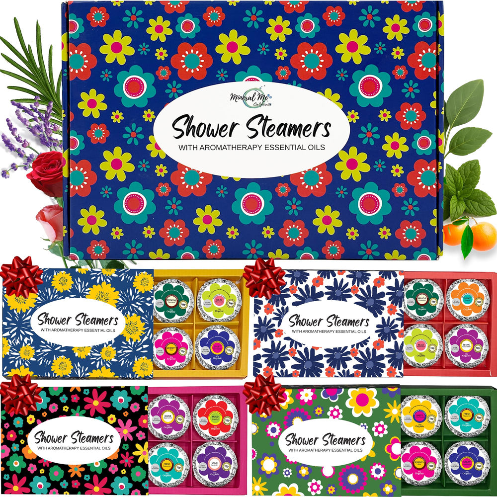 Mineral Me California shower steamers 24-pack boxes with gift-ready packaging for easy gifting.
