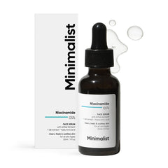 Minimalist Niacinamide Serum bottle highlighting clear, hydrated skin and blemish reduction.