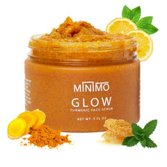 Minimo Glow Turmeric Face Scrub bottle pour for quick, radiant skin prep