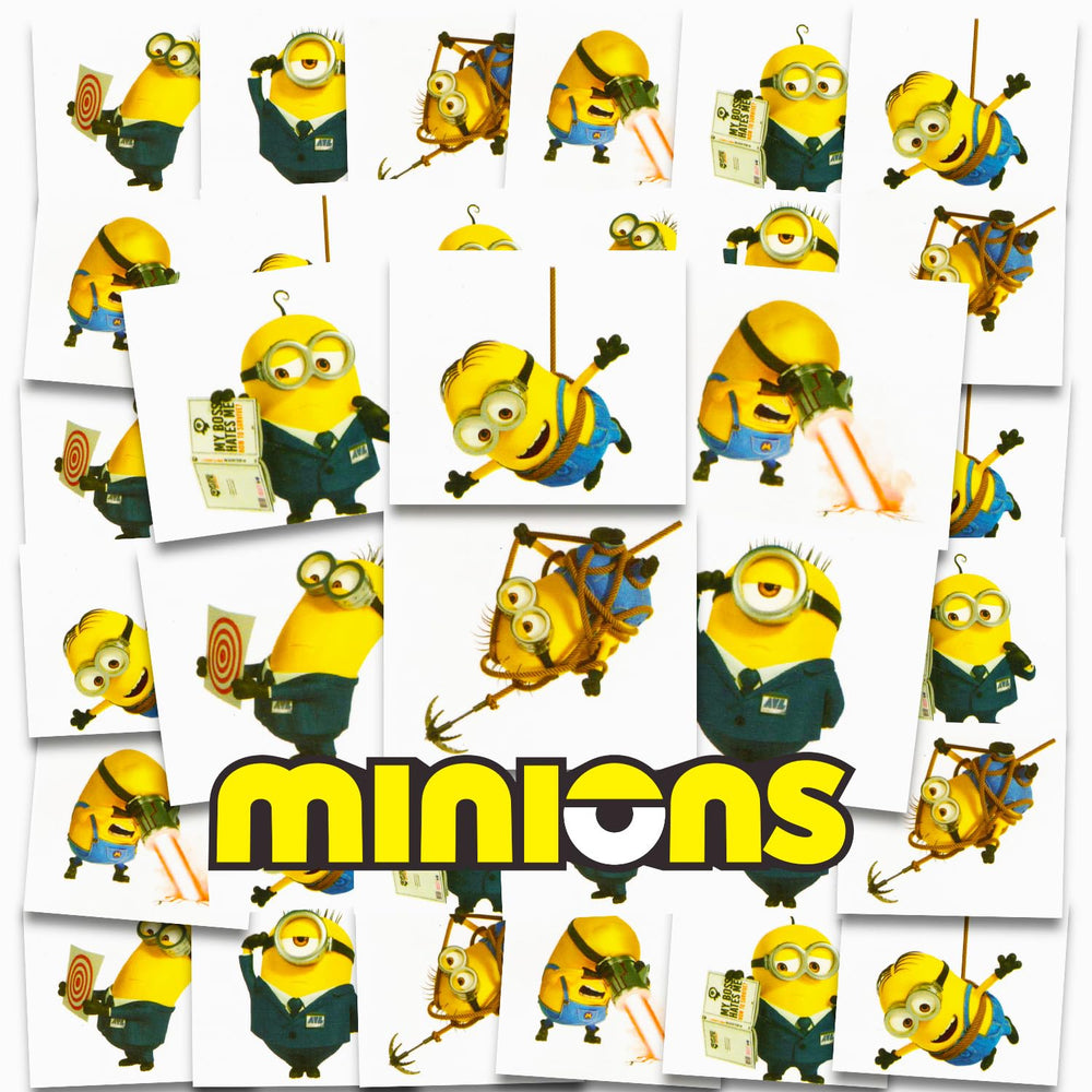 Minions tattoos bundle perforated set featuring Stuart, Kevin, and Bob for easy party favors.
