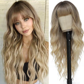 MINSEEYOO ombre blonde wig with long bangs provides a face-framing daily-ready look.