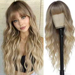 MINSEEYOO ombre blonde wig with long bangs provides a face-framing daily-ready look.