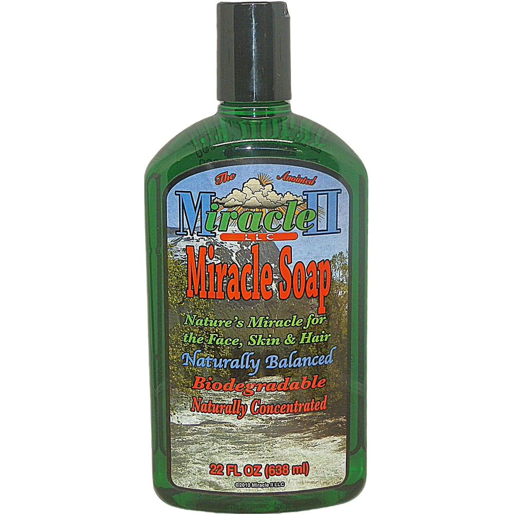 Miracle II Regular Soap 22oz bottle showing multipurpose cleaner for skin, hair, and surfaces.
