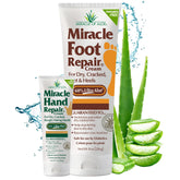 Miracle of Aloe Foot Repair Cream 8oz bottle demonstrates fast-absorbing moisturization for dry feet.