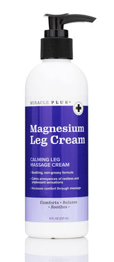 Miracle Plus Magnesium Cream bottle with pump for targeted leg relief and fast absorption.