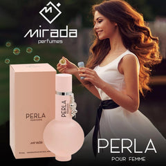 MIRADA Perla Pour Femme EDP bottle closeup highlighting glass and notes preview