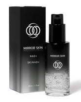 Mirror Skin SKINAD+ bottle closeup highlights stabilized NAD+ for energized-looking skin.