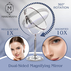 MIRRORVANA chrome finish vanity mirror enhances a dresser or desk setup.