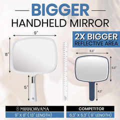 MIRRORVANA large handheld mirror shows 9x8 inch reflective area for thorough styling checks from every angle.