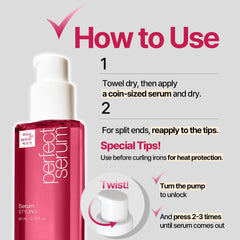 Mise En Scene Perfect Serum bottle side demonstrates easy, controlled application
