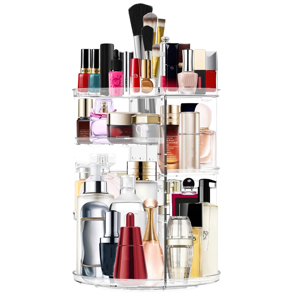 MISERWE makeup organizer 360 rotation base enables easy access to cosmetics on a tidy vanity.