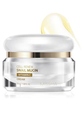 MISSHA Cell Renew snail mucin vitamin C cream jar closeup showing rich hydration for glowing skin.