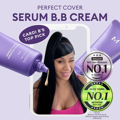MISSHA M Perfect Cover Serum BB Cream No.19 Ivory swirl demonstrates natural coverage with a dewy finish for glow.