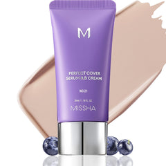 MISSHA M Perfect Cover Serum BB Cream No.21 bottle with pump for light radiance.