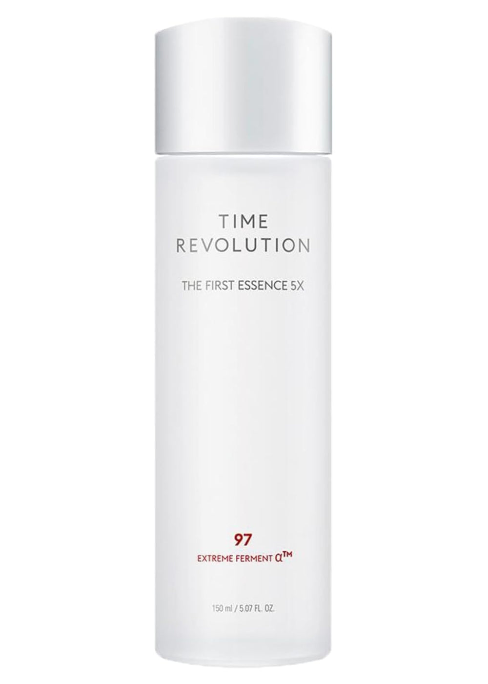 MISSHA Time Revolution First Essence 5X bottle closeup highlighting fermentation formula for glowing skin hydration