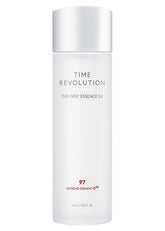 MISSHA Time Revolution First Essence 5X bottle closeup highlighting fermentation formula for glowing skin hydration