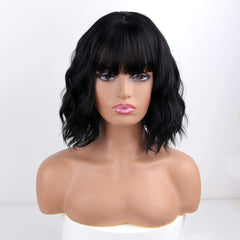 MISSQUEEN short-wavy-black-wig-bangs side view demonstrates versatile styling options.