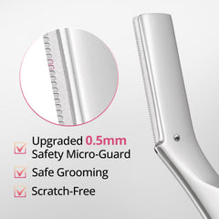 Mistfree Dermaplane Razor blade closeup shows sharp, clean shaving capability.