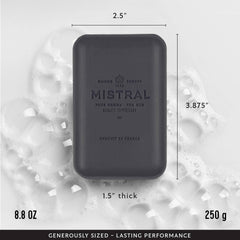 Mistral Black Amber Luxury Bar Soap closeup with argan oil notes for skin nourishment.