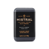 Mistral Black Amber Luxury Bar Soap front view shows premium cleansing and masculine aroma.