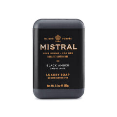 Mistral Black Amber Luxury Bar Soap front view shows premium cleansing and masculine aroma.