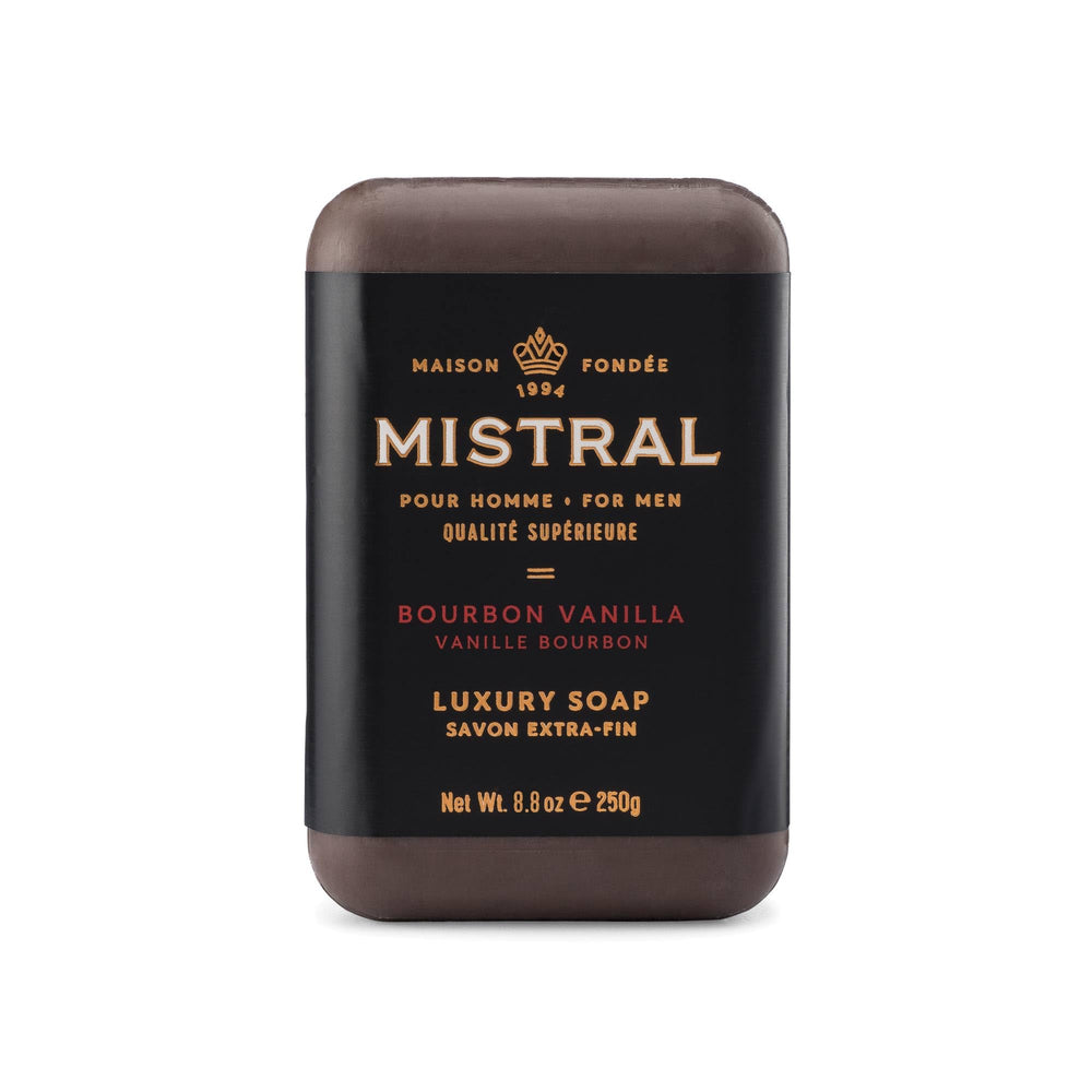 Mistral Bourbon Vanilla bar soap front view showing bold aroma ideal for daily grooming.