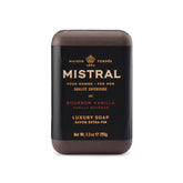 Mistral Bourbon Vanilla bar soap front view showing bold aroma ideal for daily grooming.