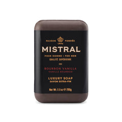 Mistral Bourbon Vanilla bar soap front view showing bold aroma ideal for daily grooming.