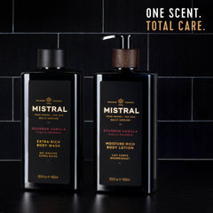 Mistral Bourbon Vanilla lotion swirl highlights lightweight, fast-absorbing texture for quick refresh