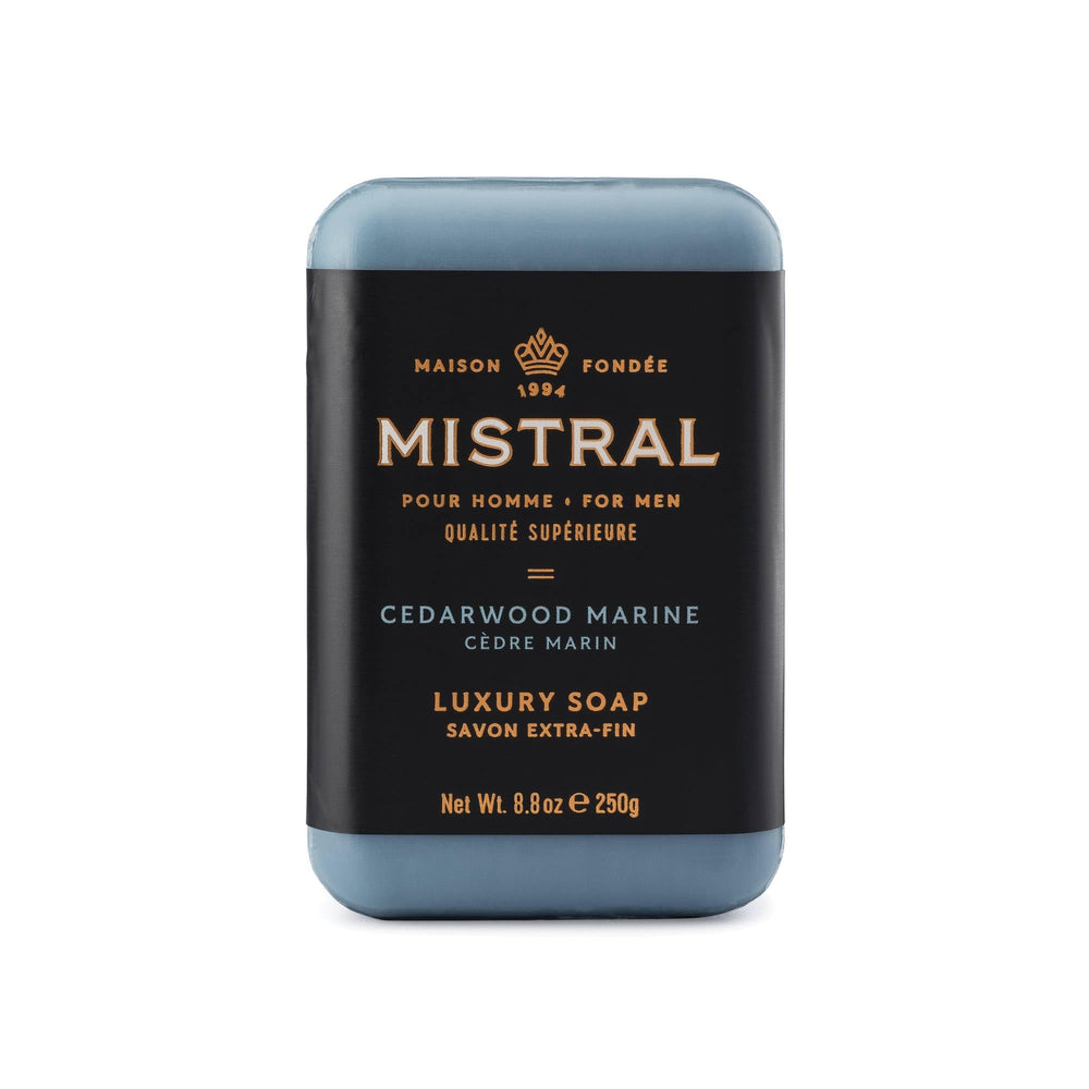 Mistral Cedarwood Marine bar soap pack image for a refreshing morning cleanse and lasting scent.