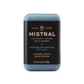 Mistral Cedarwood Marine bar soap pack image for a refreshing morning cleanse and lasting scent.