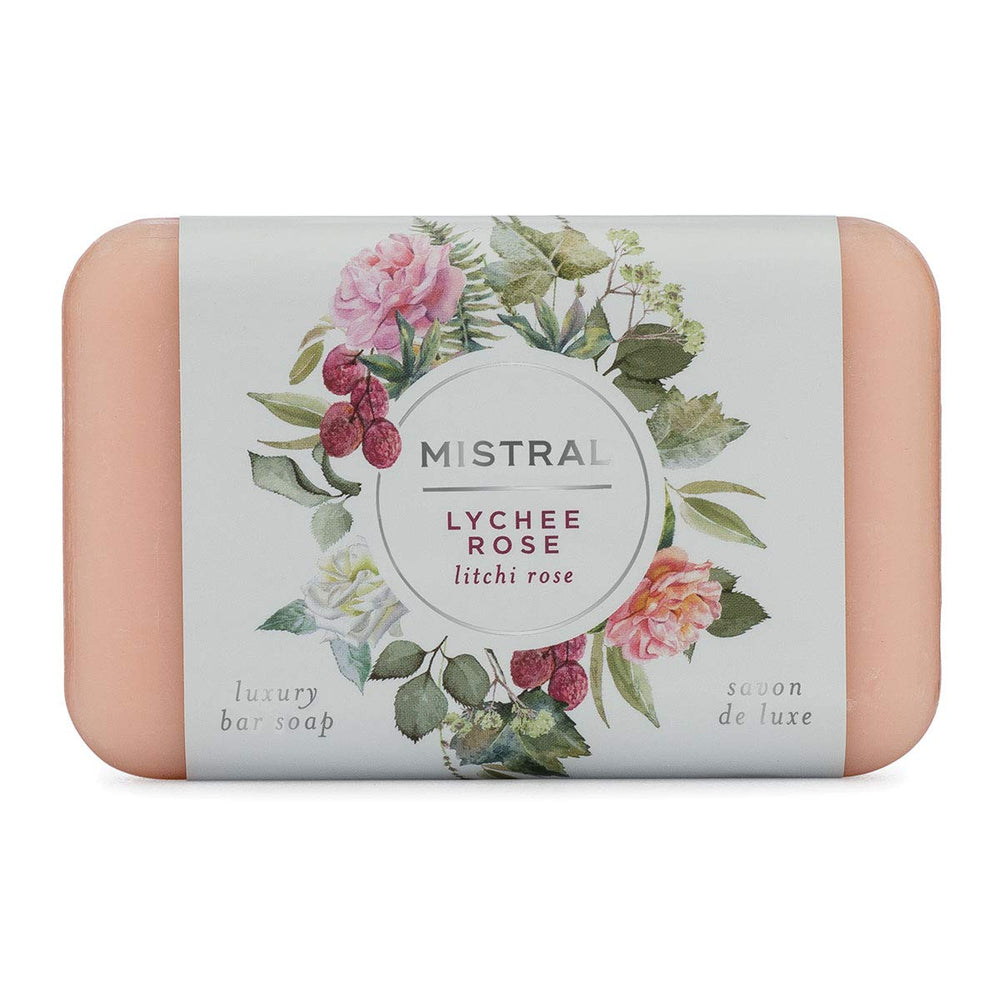 Mistral Classic Lychee Rose bar soap offers luxurious scent for daily cleansing.