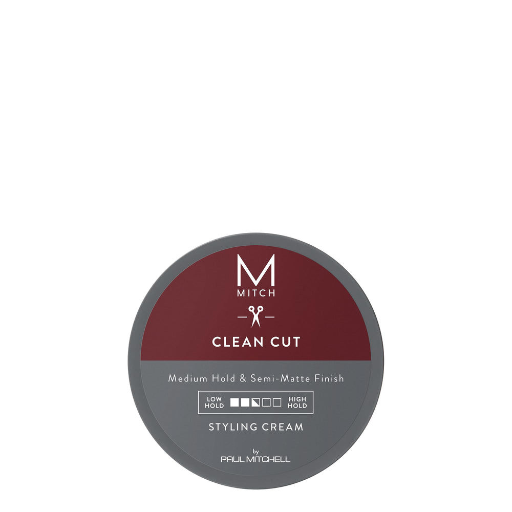 MITCH Clean Cut styling cream jar shows pliable hold for versatile hairstyles.