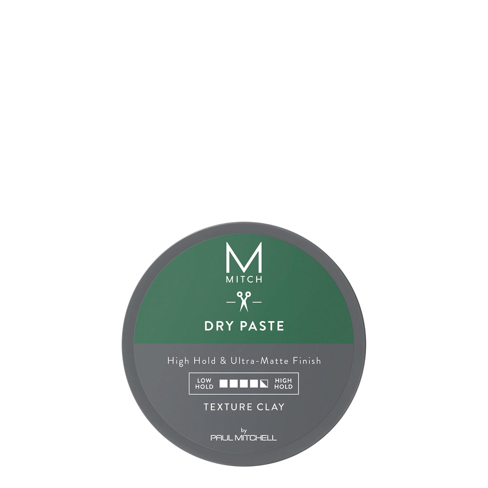 MITCH Dry Paste Texture Clay jar showcases ultra-matte finish for sculpted, long-lasting styles.