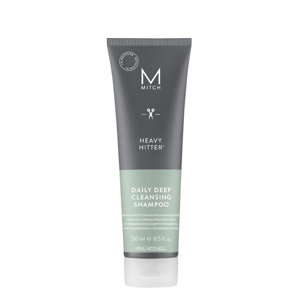 Mitch Heavy Hitter shampoo bottle pour delivers a powerful daily cleanse for all hair types.