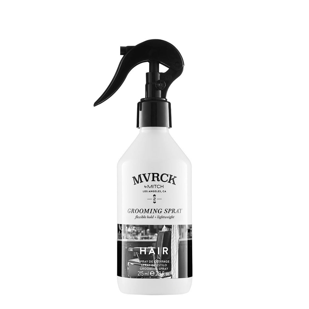 MITCH MVRCK grooming spray bottle being dispensed for flexible hold and natural shine.