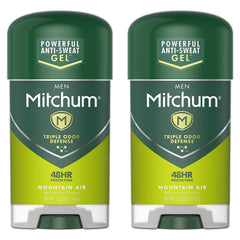 Mitchum Mountain Air clear gel 2-pack shown on shelf offering long-lasting odor control.